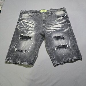 Demolition Denim Shorts Mens Size 48 Grey Distressed Acid Wash Paint Splatter